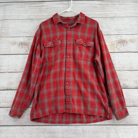 Patagonia Long Sleeved Fjord Flannel Shirt Mens XL Red Gray Plaid - Picture 1 of 14